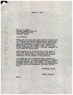 [Letter from Truett Latimer to W. A. Agnell, March 8, 1961]