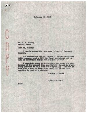 [Letter from Truett Latimer to L. L. Murray, February 13, 1961]