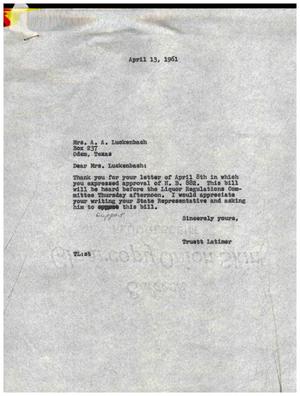 [Letter from Truett Latimer to Mrs. A. A. Luckenbach, April 13, 1961]