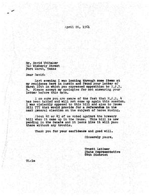 [Letter from Truett Latimer to David Whitaker, April 20, 1961]