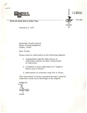 [Letter from Glenn Biggs to Truett Latimer, February 2, 1961]