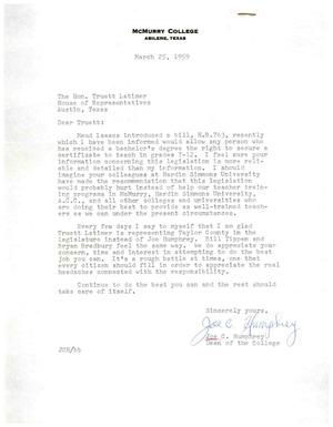 [Letter from Joe C. Humphrey to Truett Latimer, March 25, 1959]
