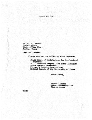 [Letter from Truett Latimer to C. H. Cavness, April 19, 1961]