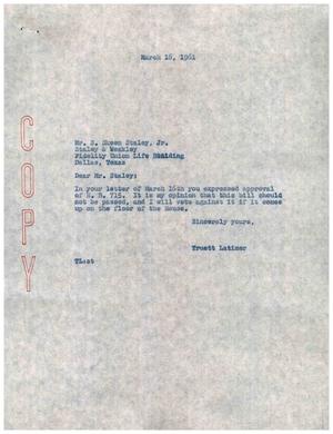 Primary view of object titled '[Letter from Truett Latimer to S. Skeen Staley, Jr., March 16, 1961]'.