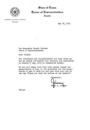 Primary view of object titled '[Letter from James A. Turman to Truett Latimer, May 26, 1961]'.