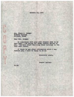 [Letter from Truett Latimer to Mrs. Frank C. Hodges, January 23, 1961]