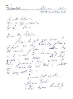[Letter from Mrs. Lynn Cook to Truett Latimer, February 11, 1961]