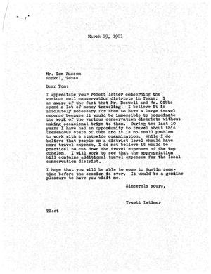 [Letter from Truett Latimer to Tom Russom, March 29, 1961]