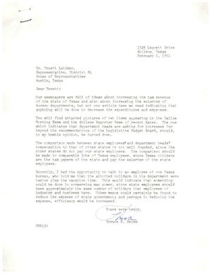 [Letter from Horace R. Belew to Truett Latimer, February 6, 1961]