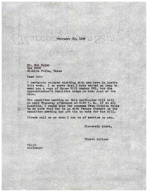 [Letter from Truett Latimer to Bob Foley, February 20, 1959]