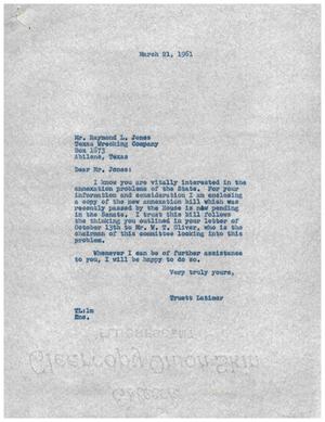 [Letter from Truett Latimer to Raymond L. Jones, March 21, 1961]