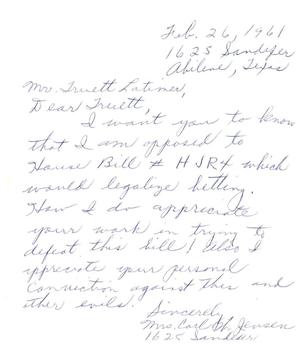 [Letter from Mrs. Carl H. Jensen to Truett Latimer, February 26, 1961]