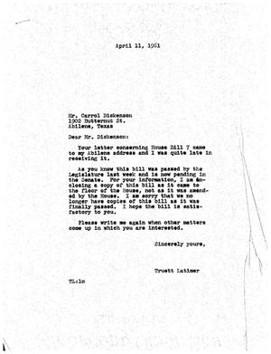 [Letter from Truett Latimer to Carrol Dickenson, April 11, 1961]