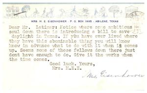 [Postcard from Truett Latimer to Mrs. M. E. Eisenhower, April 1961]