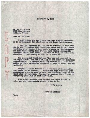 [Letter from Truett Latimer to Ed H. Rister, February 2, 1961]