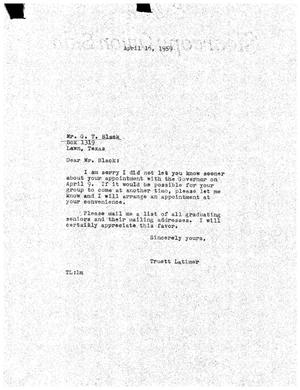 [Letter from Truett Latimer to G. T. Black, April 15, 1959]