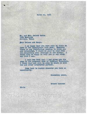 [Letter from Truett Latimer to Mr. and Mrs. Nelson Quinn, March 23, 1961]