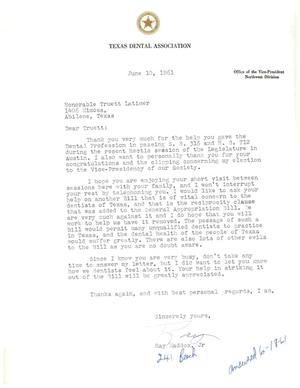 [Letter from Ray Maddox, Jr. to Truett Latimer, June 10, 1961]