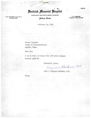 [Letter from Mrs. Virginia Hackney to Truett Latimer, February 16, 1959]