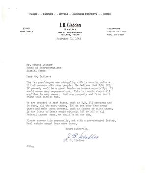 [Letter from J. B. Gladden to Truett Latimer, February 21, 1961]