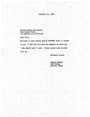 [Letter from Truett Latimer to Hilton Credit Corporation, November 14, 1960]