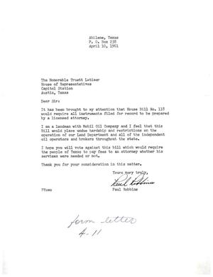 [Letter from Paul Robbins to Truett Latimer, April 10, 1961]