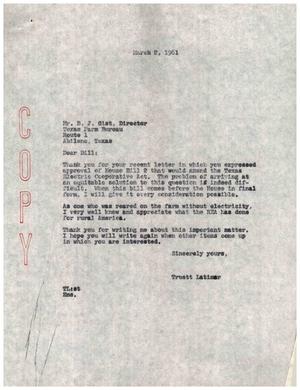 [Letter from Truett Latimer to B. J. Gist, March 2, 1961]