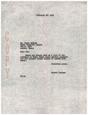[Letter from Truett Latimer to James McGrew, February 28, 1961]
