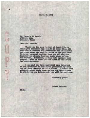 [Letter from Truett Latimer to Dennis D. Arnold, March 8, 1961]