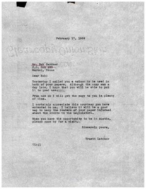 [Letter from Truett Latimer to Bob Gardner, February 17, 1959]