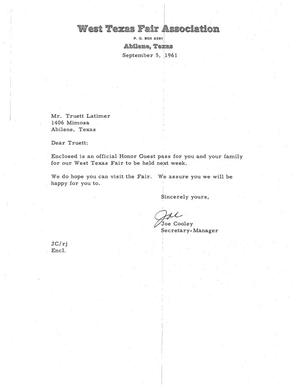 [Letter from Joe Cooley to Truett Latimer, September 5, 1961]