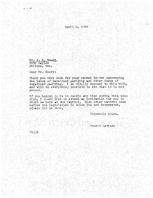 [Letter from Truett Latimer to A. H. Woody, April 8, 1959]