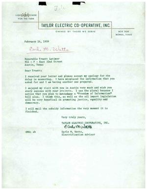 [Letter from Earle M. Watts to Truett Latimer, February 16, 1959]