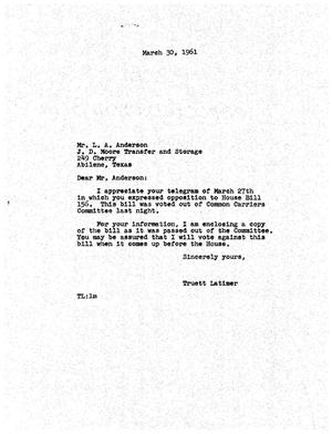 [Letter from Truett Latimer to L. A. Anderson, March 30, 1961]