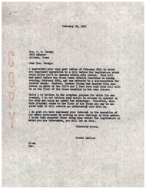[Letter from Truett Latimer to Mrs. C. W. Verayp, February 28, 1961]