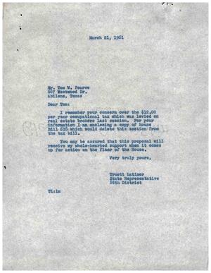 [Letter from Truett Latimer to Tom W. Pearce, March 21, 1961]