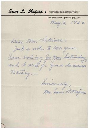 [Letter from Mrs. Sam L. Majors to Truett Latimer, May 3, 1962]