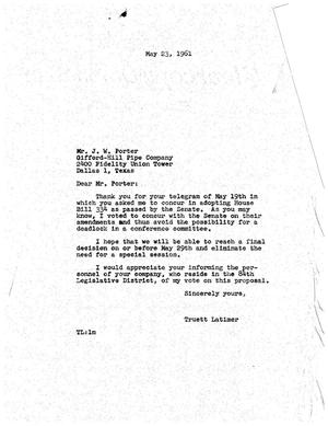 Primary view of object titled '[Letter from Truett Latimer to J. W. Porter, May 23, 1961]'.