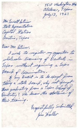 [Letter from Jim Haller to Truett Latimer, July 12, 1961]