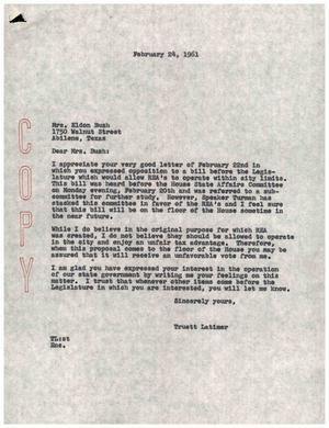 [Letter from Truett Latimer to Mrs. Eldon Bush, February 24, 1961]