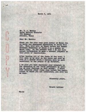 [Letter from Truett Latimer to C. A. Morris, March 7, 1961]