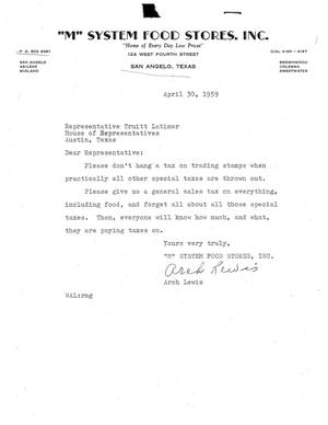 [Letter from Arch Lewis to Truett Latimer, April 30, 1959]