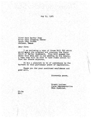 [Letter from Truett Latimer to Rivers Oaks Barber Shop, May 19, 1961]