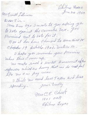 Primary view of [Letter from Mrs. C. E. Cheek to Truett Latimer, June 24, 1959]