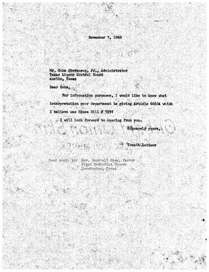 [Letter from Truett Latimer to Coke Stevenson, November 7, 1960]