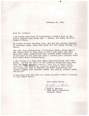 [Letter from Jeff A. Wheeler to Truett Latimer, February 24, 1961]