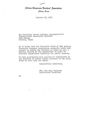 [Letter from Mrs. Ike Jay to Truett Latimer, October 26, 1959]