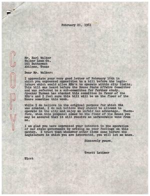 [Letter from Truett Latimer to Earl Walker, February 21, 1961]