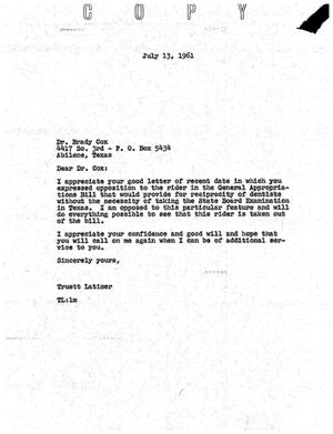Primary view of object titled '[Letter from Truett Latimer to Dr. Brady Cox, July 13, 1961]'.
