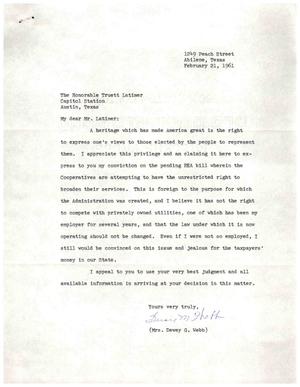 [Letter from Mrs. Dewey G. Webb to Truett Latimer, February 21, 1961]